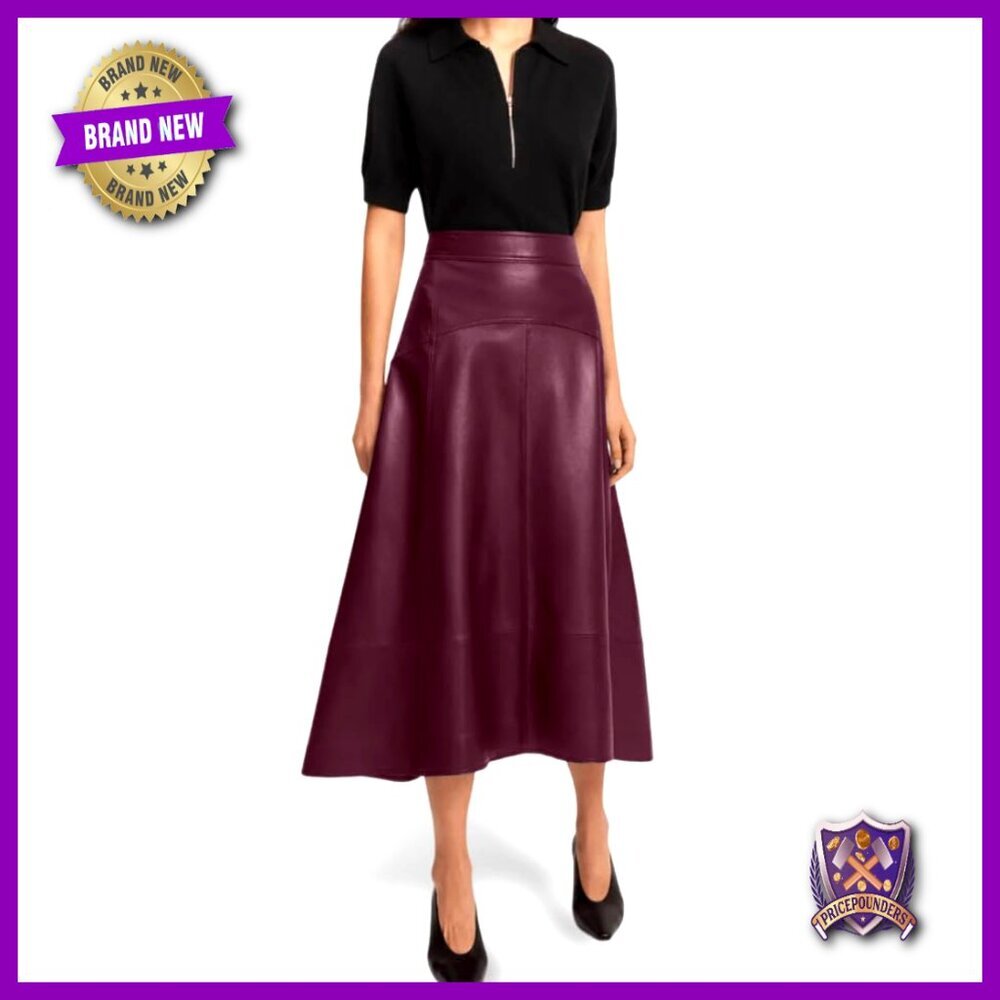 Genuine Leather A-Line Skirt High Waist Midi Patchwork Detail
